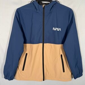 NASA Mens Windbreaker Jacket Blue Tan Hooded Full Zip XL